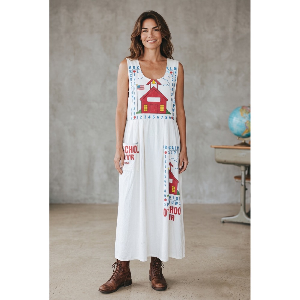 Vintage O'le School Flour Schoolhouse Alphabet Midi Dress White Sleeveless L